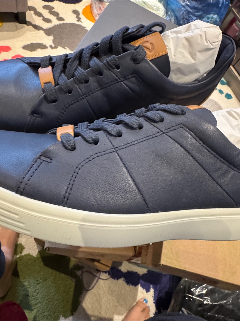 Ecco Navy Leather Low-Top Sneakers with Tan Accents